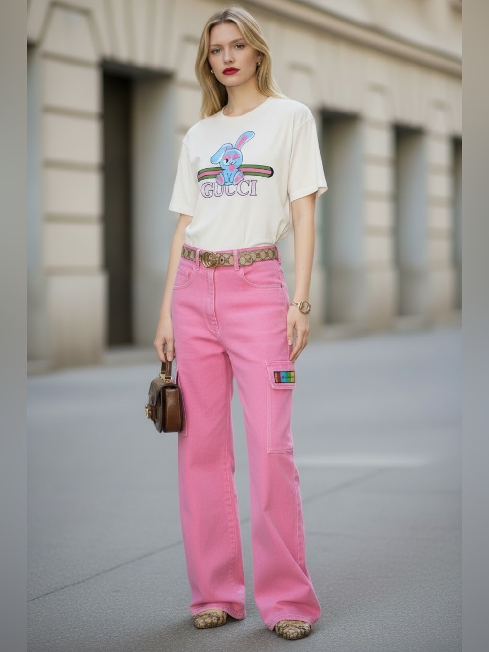 Gucci Rare White Graphic Bunny Short Sleeve Tee with Pastel Accents